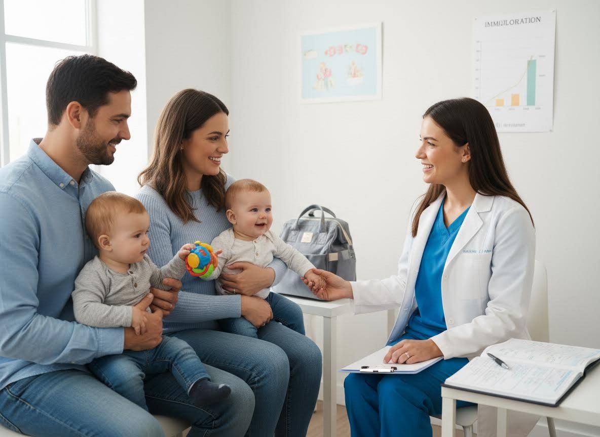 Parents with twin babies at a pediatrician's office