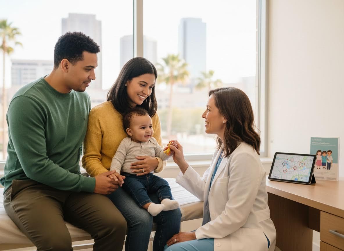 Family with baby at pediatrician's appointment