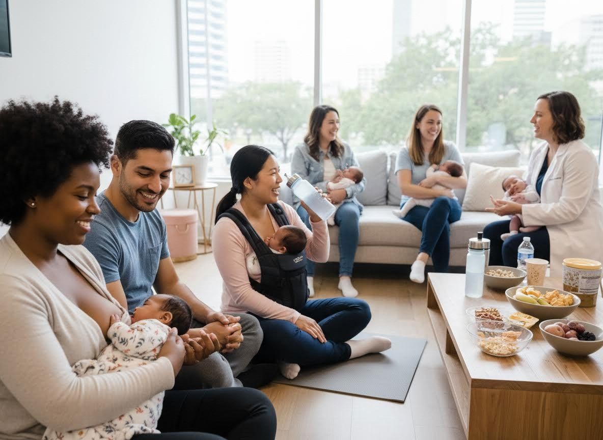 Diverse parents and infants at a support group