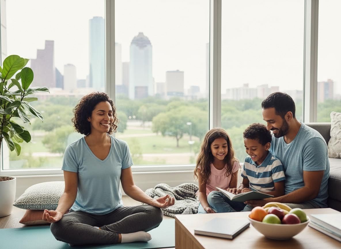Family enjoys wellness and reading in a modern apartment
