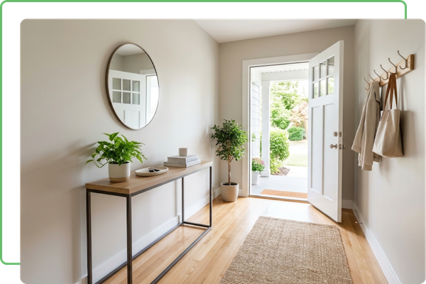 A pristine, welcoming entryway in a freshly cleaned modern home.
