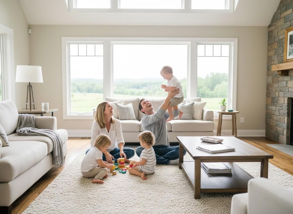 Happy Family Playing in Bright Living Room