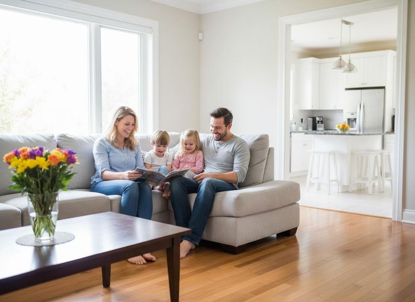Family reading a book on a living room sofa