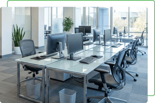 A clean, bright, and organized modern corporate office space with empty desks.
