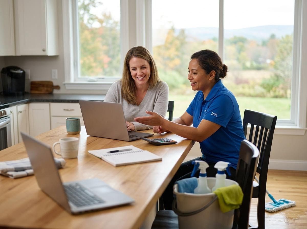 J&K Cleaning Service Professional and Client Reviewing Details on Laptop