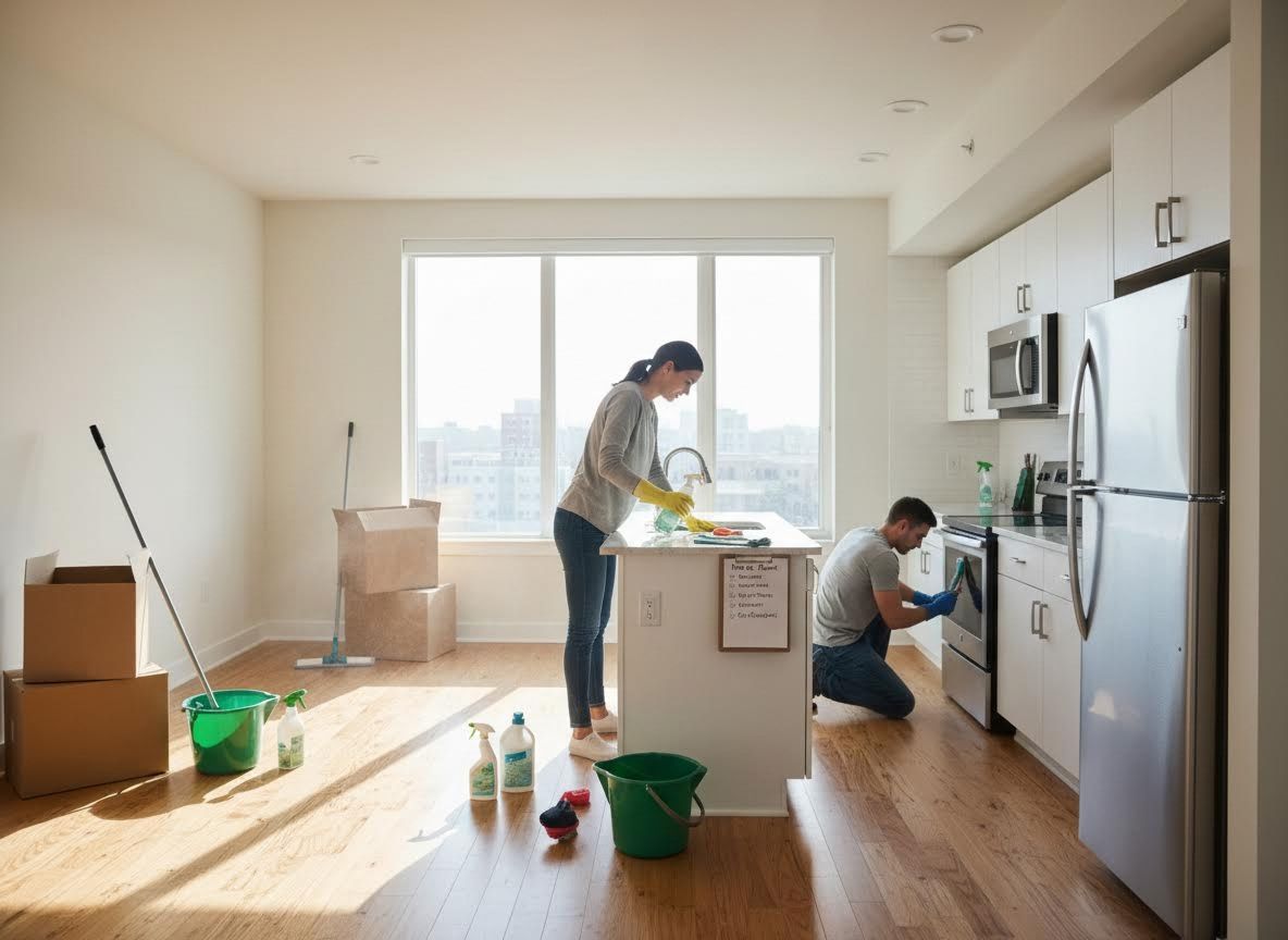 Couple cleaning empty apartment kitchen