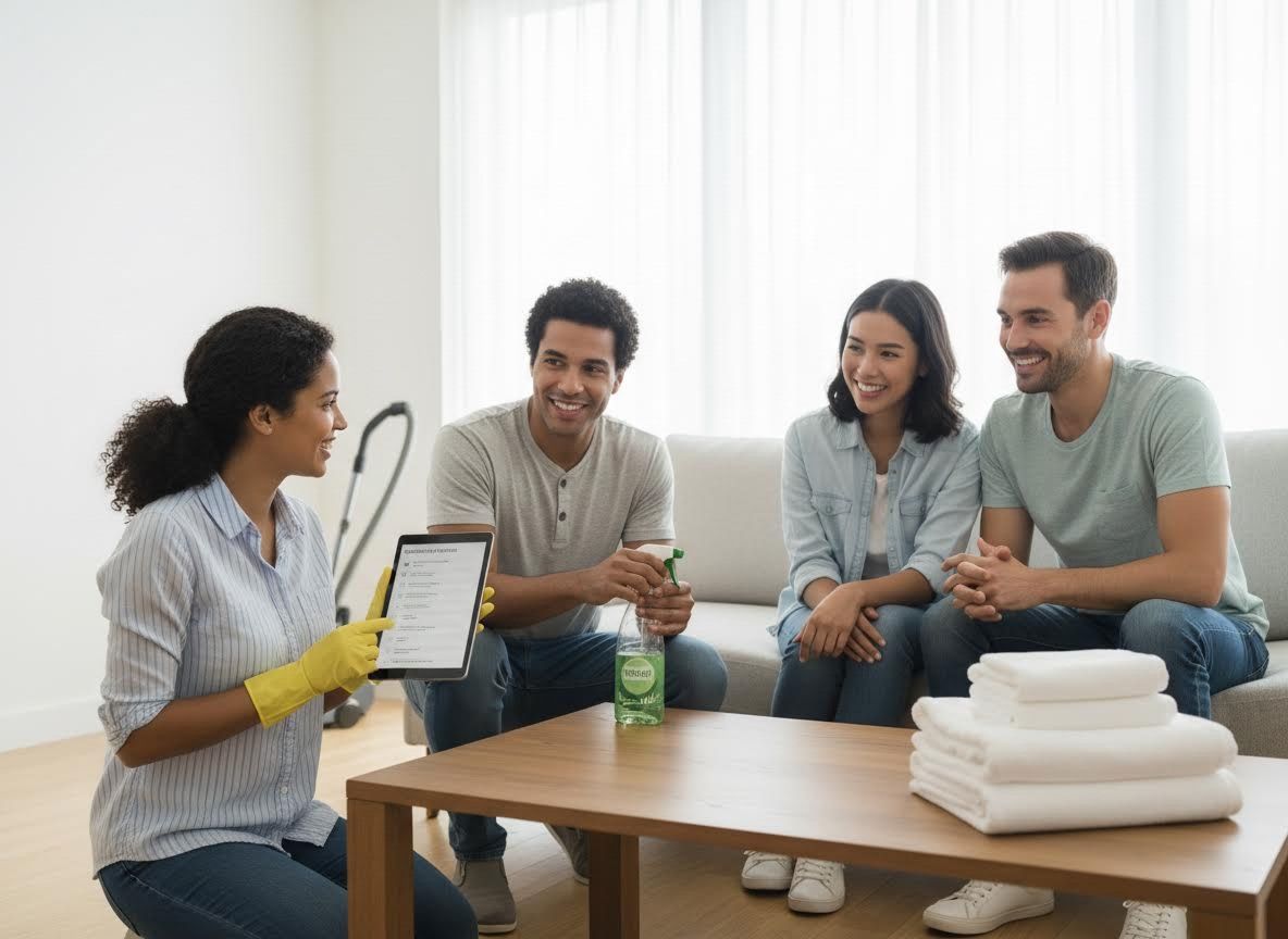 Cleaning Professional Discussing Services with Couple