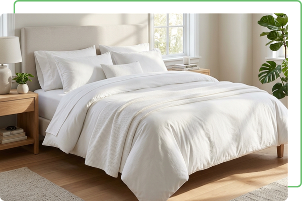A beautifully made bed with crisp white linens in a clean, sunlit bedroom.