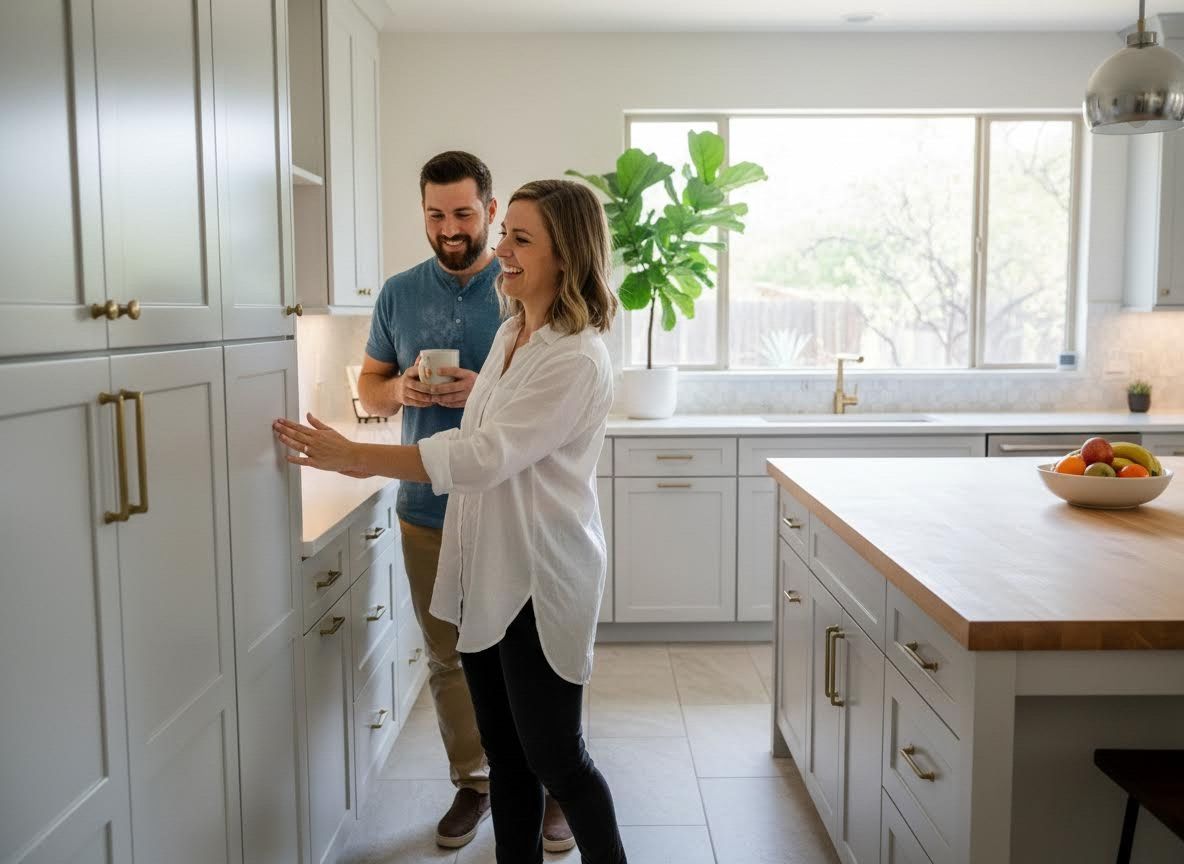Smiling Couple in Modern Grey Kitchen