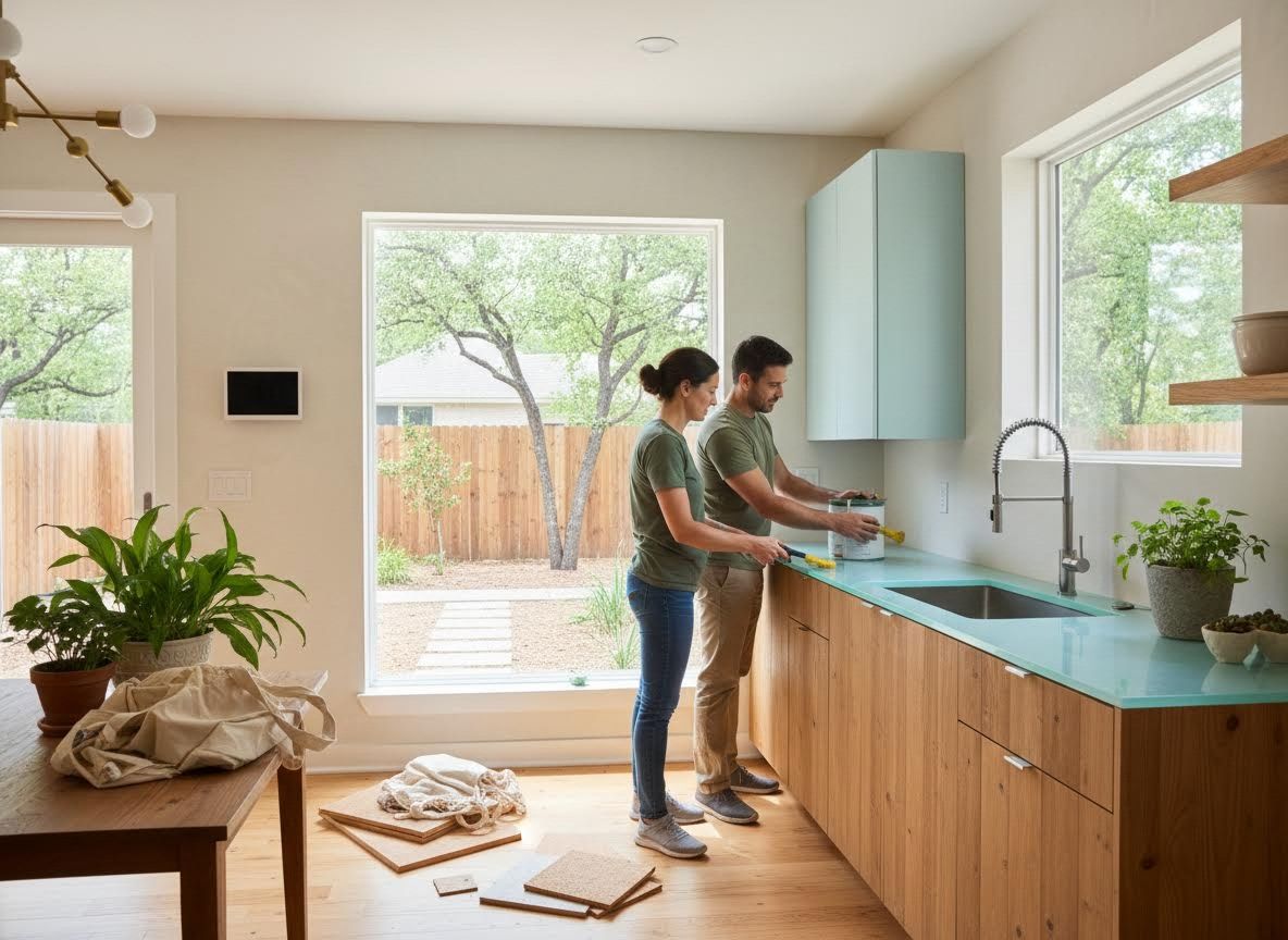 Couple Painting Kitchen Countertop in Modern Home