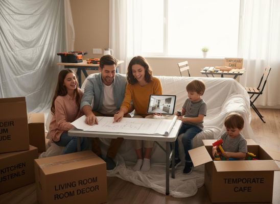 Family Planning Home Renovation with Blueprints and Tablet