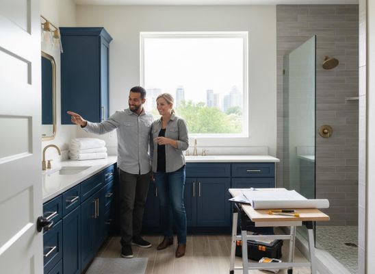 Couple admiring their newly designed bathroom