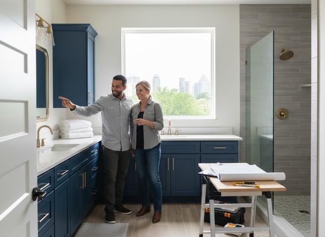 Couple admiring their newly designed bathroom