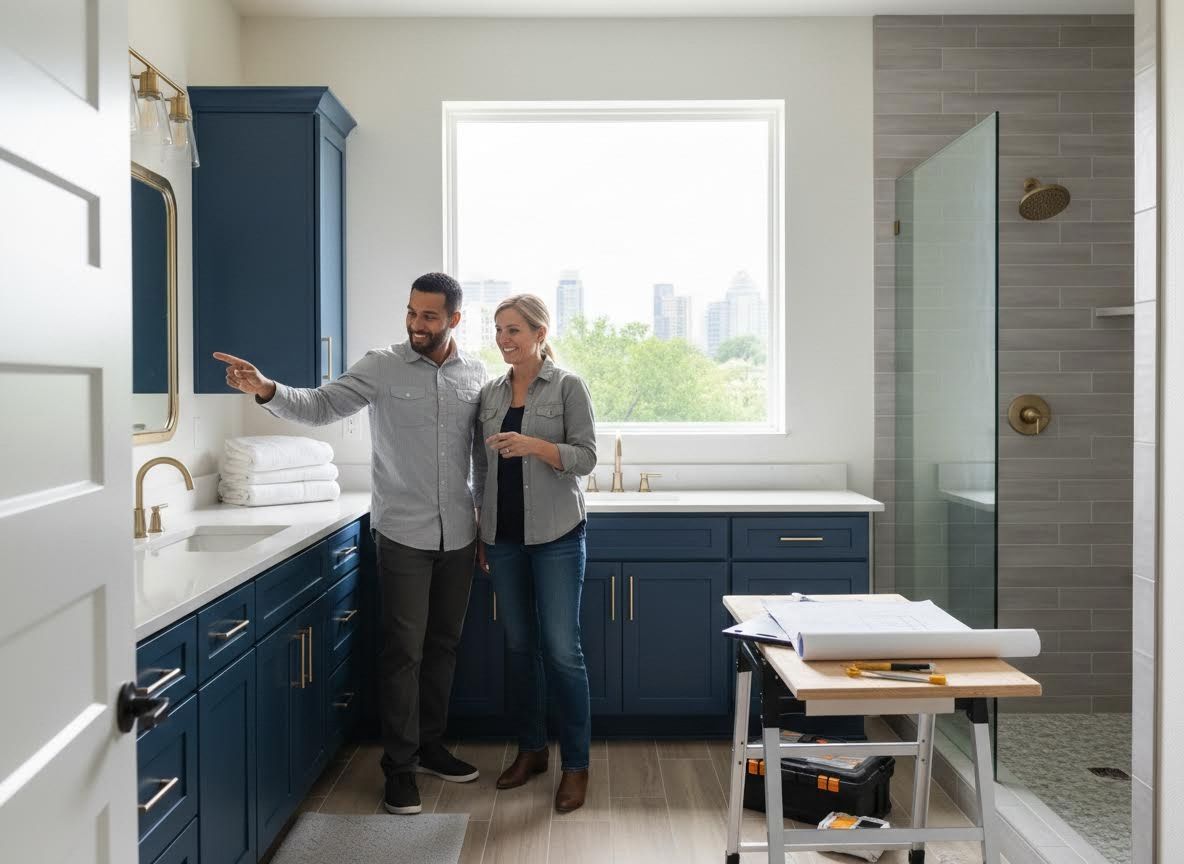 Couple admiring their newly designed bathroom