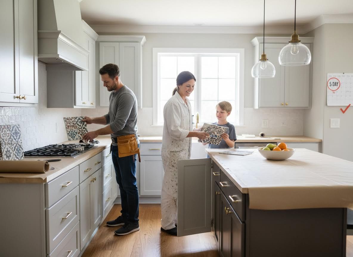 Family renovating kitchen, choosing backsplash tiles