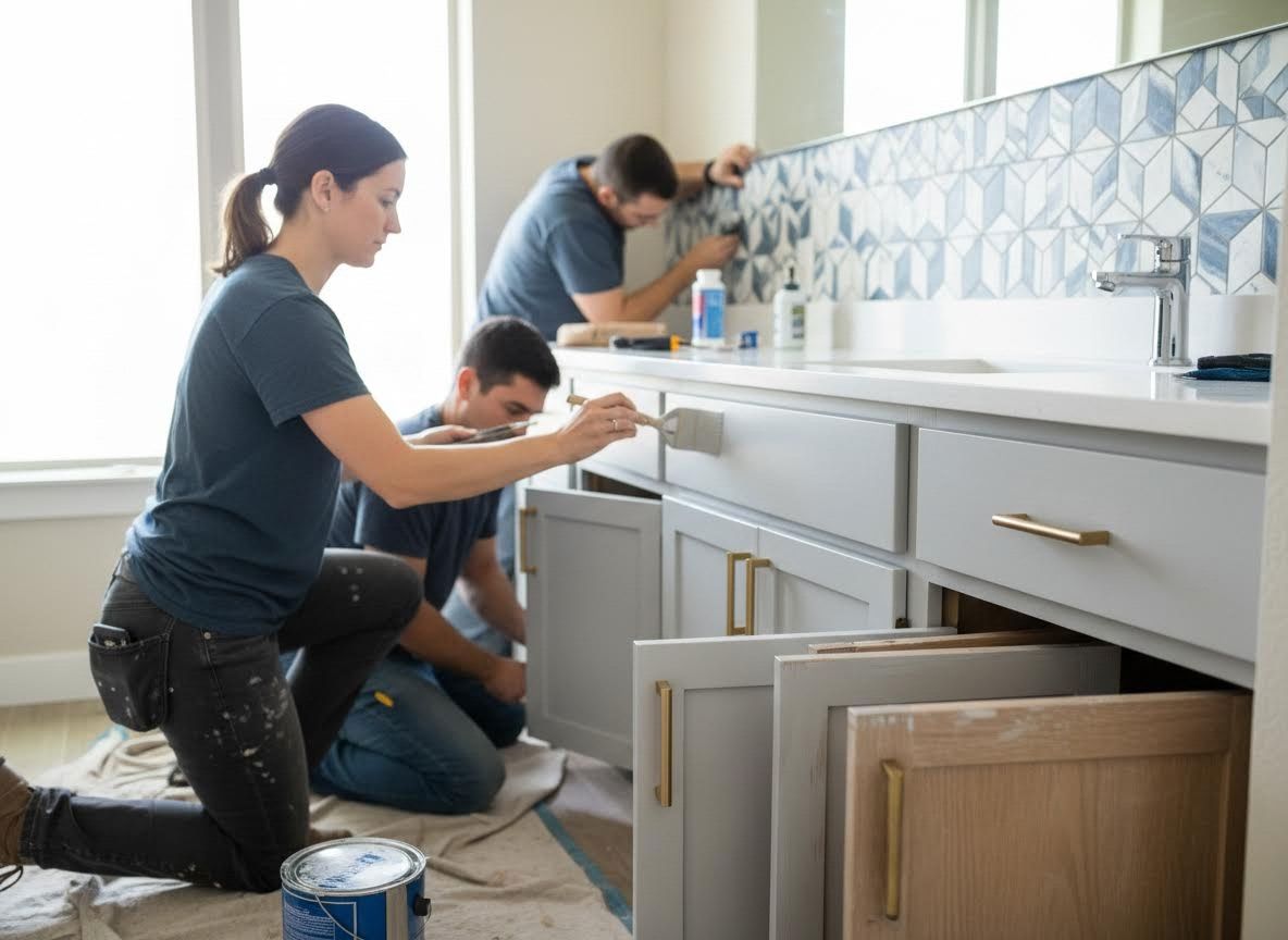 People renovating a bathroom with gray cabinets and tiled backsplash