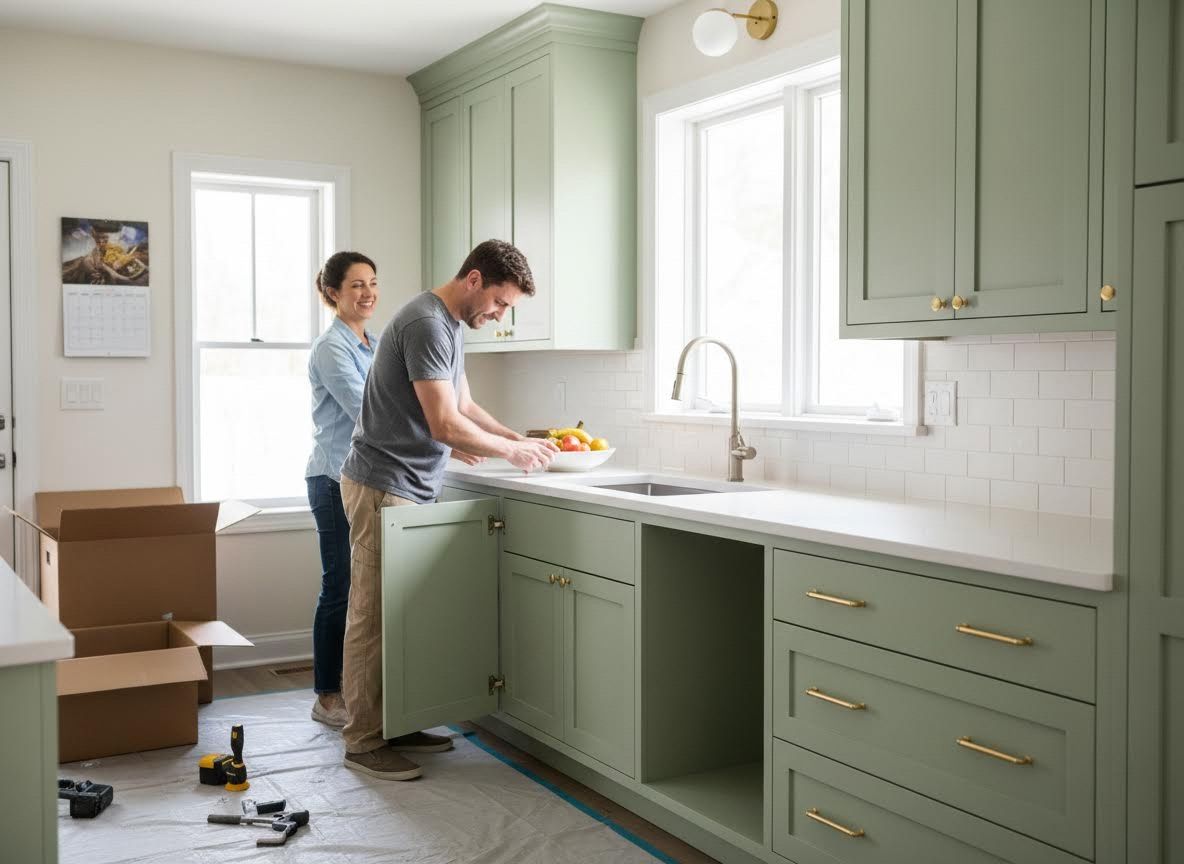 Couple Setting Up New Kitchen with Green Cabinets