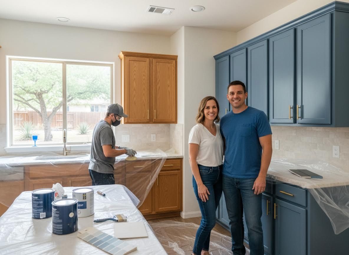 Couple in newly renovated kitchen with blue cabinets and a worker sanding
