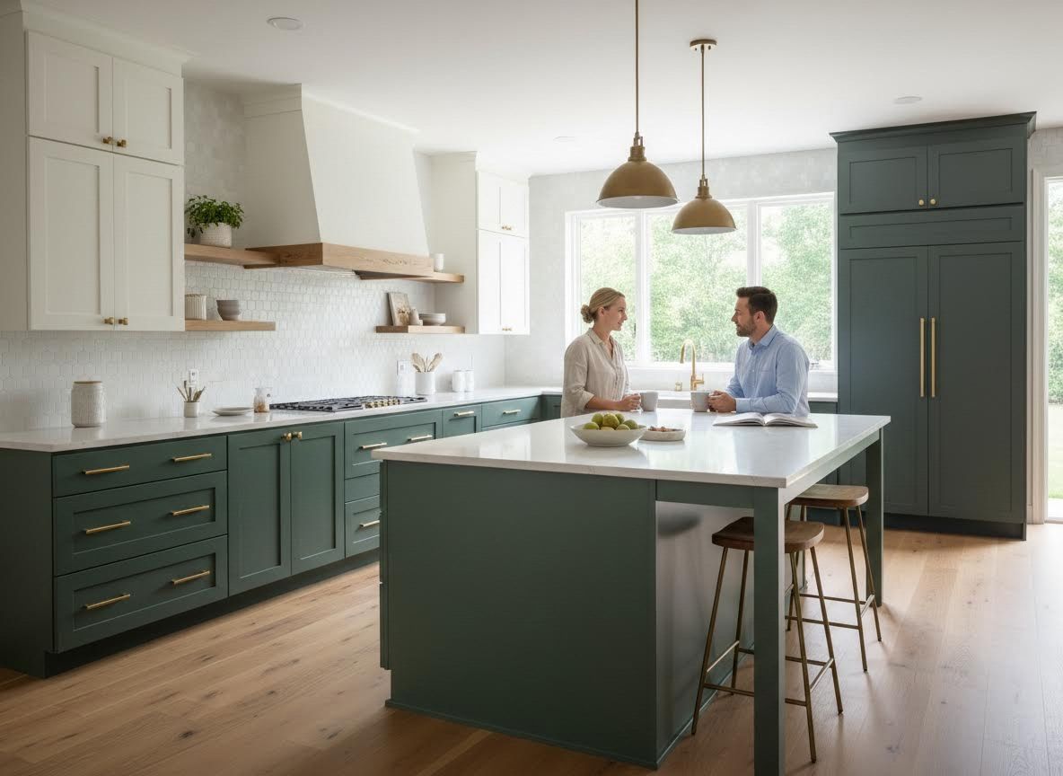 Couple at Island in Modern Green and White Kitchen