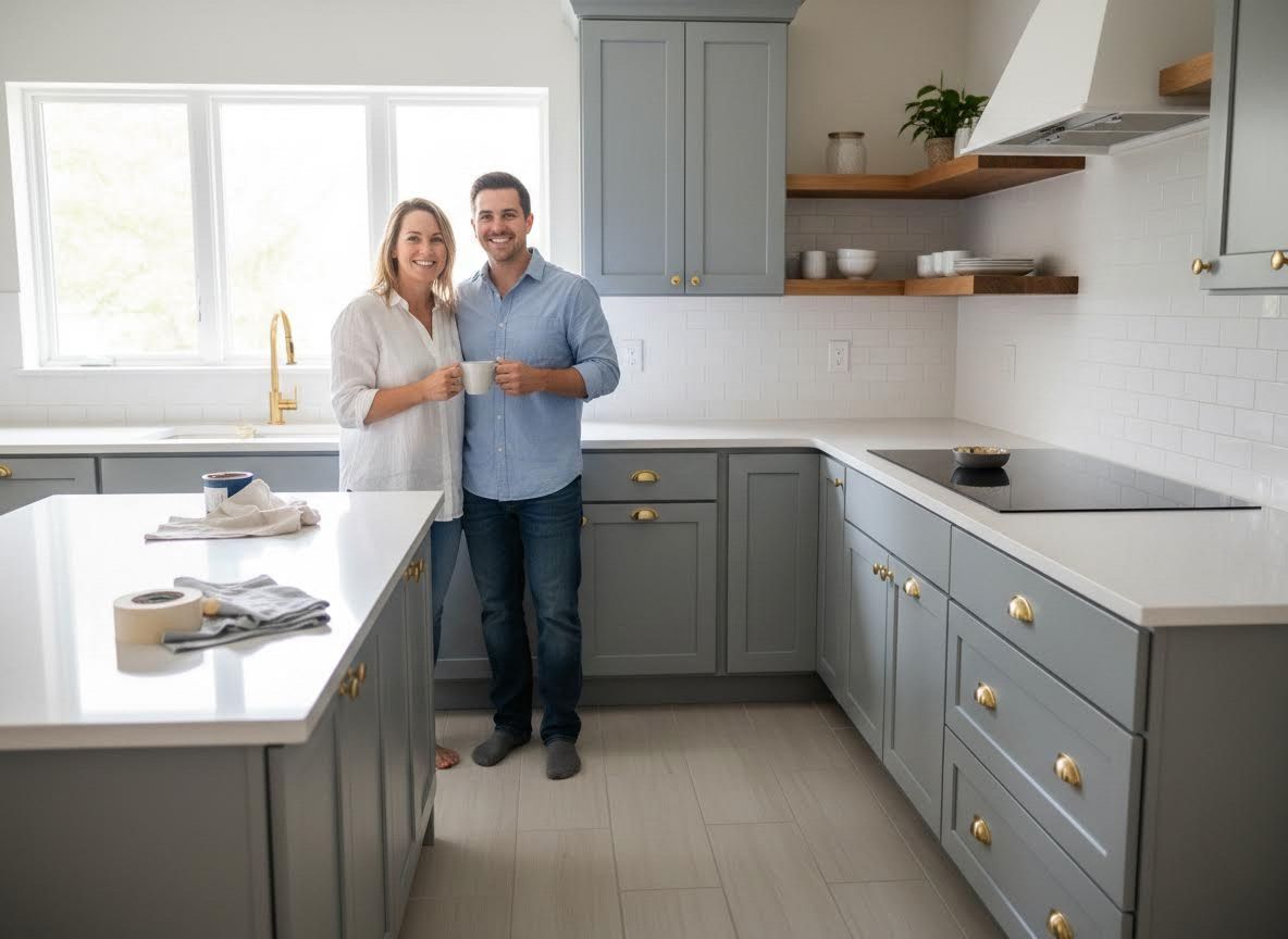 Happy Couple in a Modern Gray Kitchen