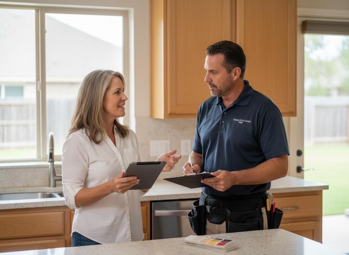 Homeowner discusses project with contractor in kitchen