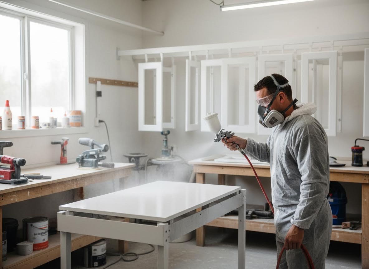 Man spray painting white cabinets in a workshop