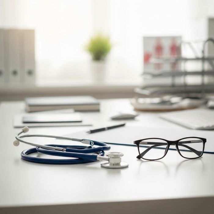 A stethoscope and glasses on a desk, representing expert medical diagnosis.
