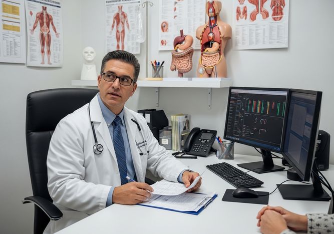 A professional gastroenterologist consulting with a patient in a modern medical office.