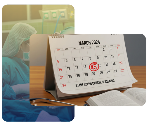 A calendar showing the number 45 circled to represent the standard age to begin colon cancer screenings.