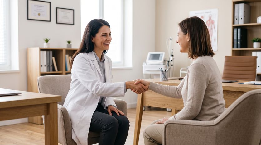 A compassionate doctor warmly greeting a patient in a modern medical office