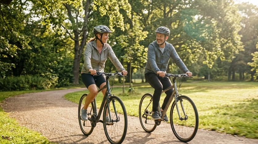 An active, middle-aged couple smiling warmly while enjoying a sunny morning bicycle ride through a quiet park path. 2bb18d9d-de2b-4e3c-9896-f3f723862fe7.jpeg