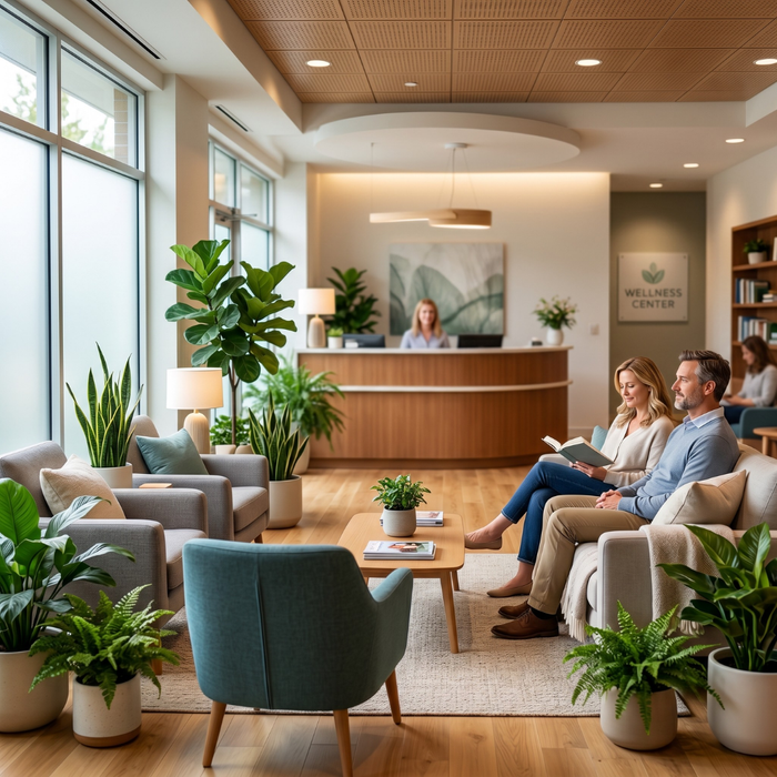 Bright, modern medical waiting room with comfortable seating and plants, showcasing a welcoming and relaxing environment.