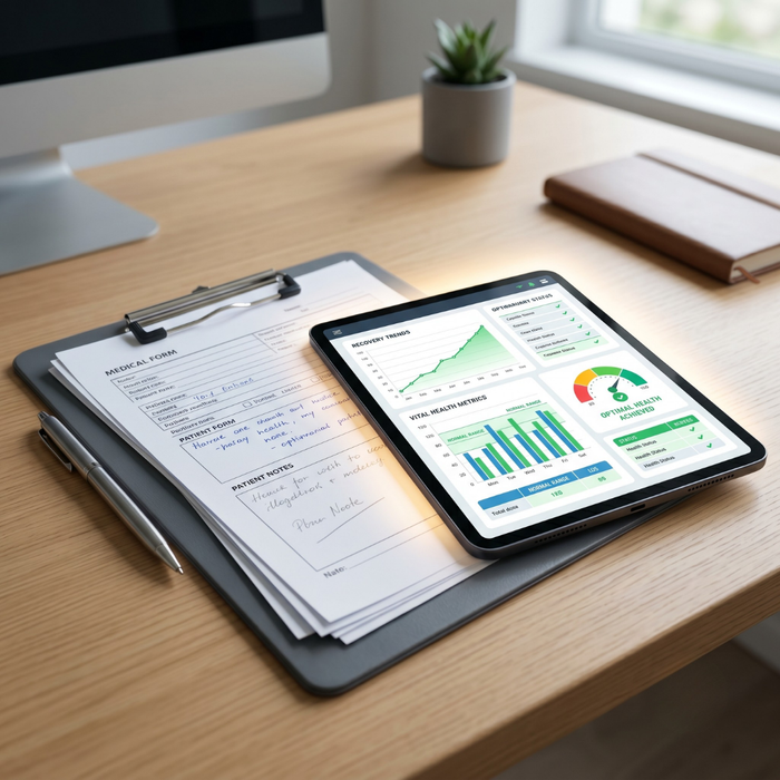 Medical clipboard and tablet showing positive health charts on a desk, representing preventative healthcare planning.