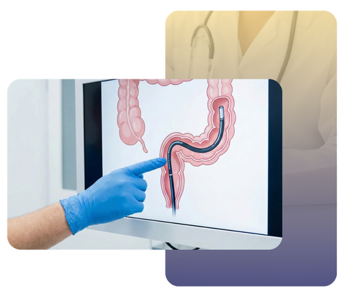 A gastroenterologist points to a medical diagram on a screen illustrating the flexible sigmoidoscopy procedure.