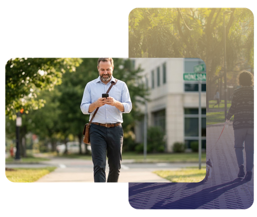 a man in business casual clothing smiling while walking on a path
