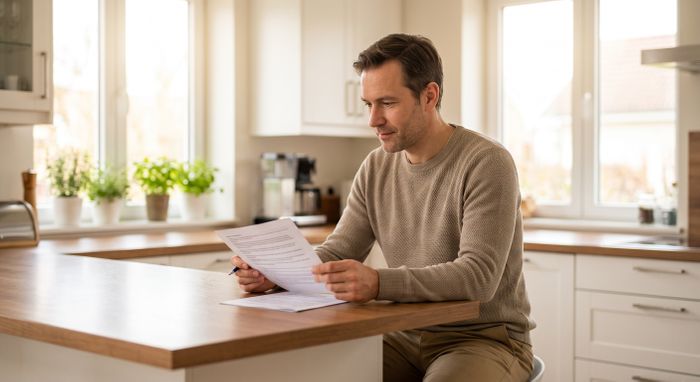 Adult reviewing printed medical instructions while preparing in kitchen.