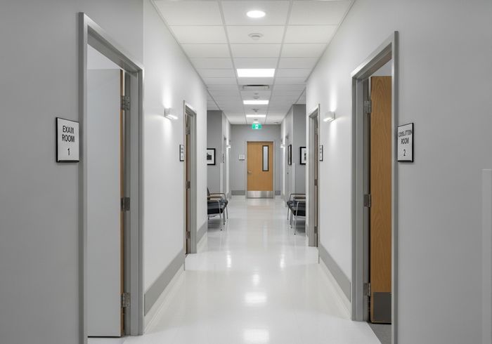 A clean and welcoming hallway in a modern medical facility.