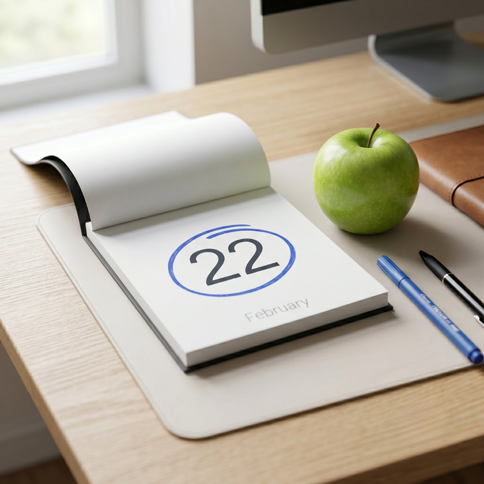 Desk calendar with the number 22 circled next to a green apple, symbolizing the new baseline age for medical screenings.