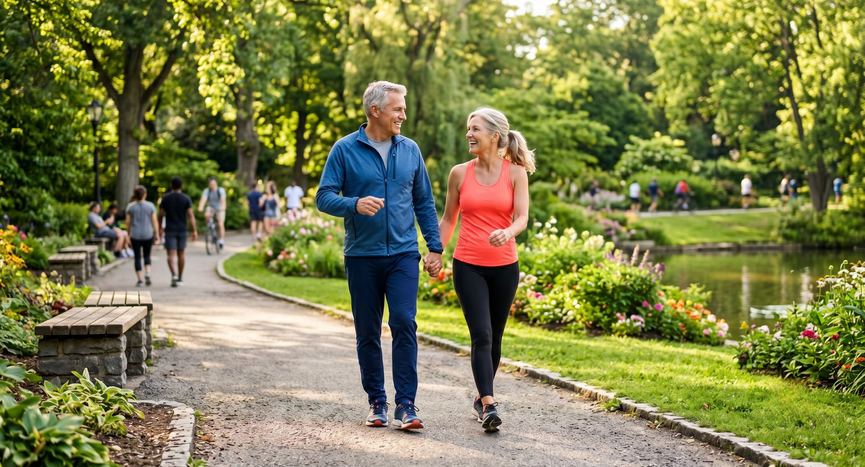 Healthy middle-aged couple enjoying a sunny walk, representing vitality and proactive health management.