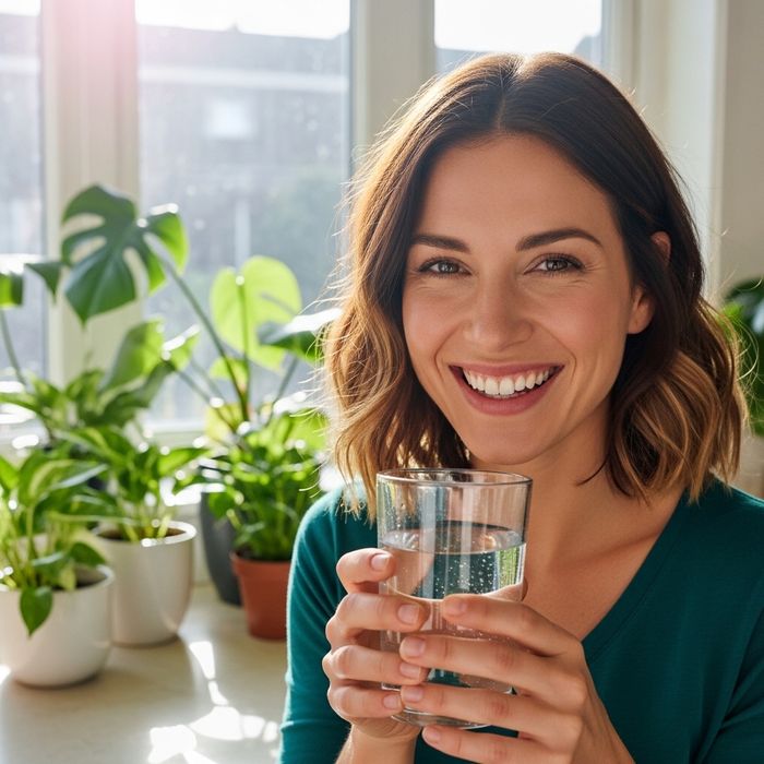 A healthy person smiling while holding a glass of water, symbolizing digestive wellness.