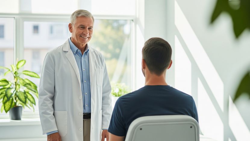 Friendly doctor standing in a bright clinic with a patient