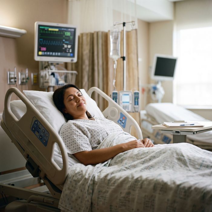 A female patient resting comfortably in recovery room after screening.