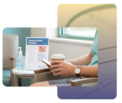 a patient comfortably holding a coffee cup and phone in a waiting area