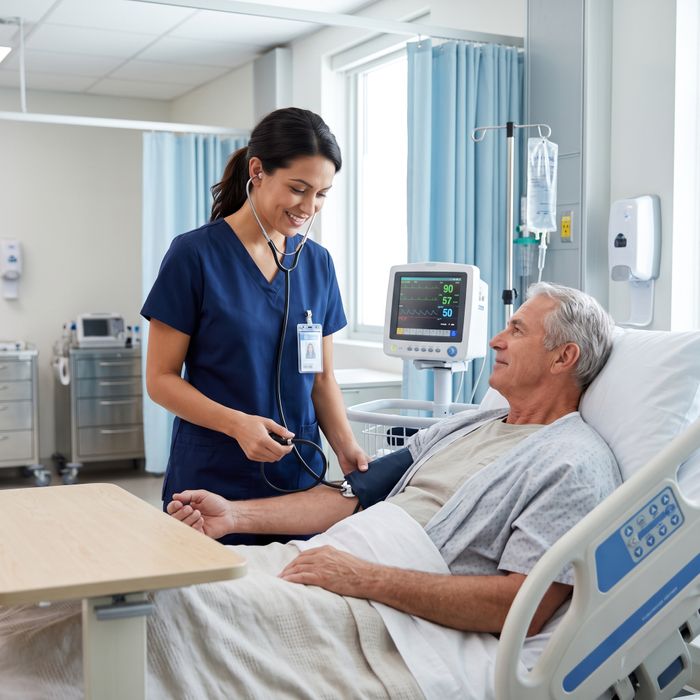 Attentive nurse checking patient's vital signs before a procedure.