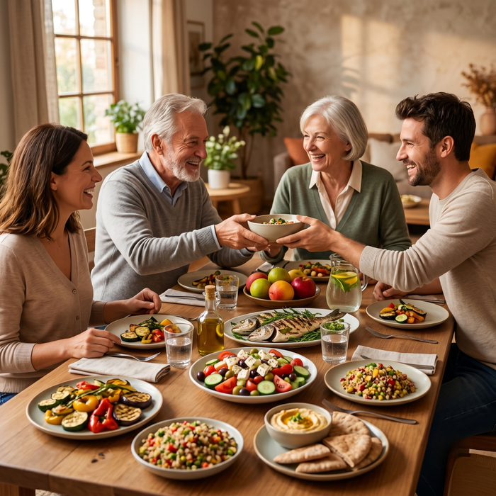 Family sharing a healthy meal together, highlighting the importance of positive lifestyle habits and family health history.