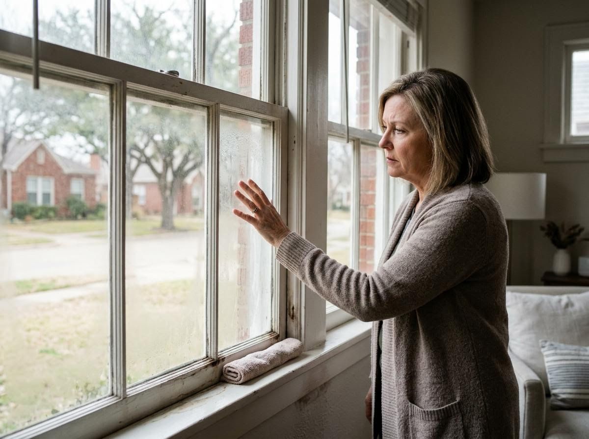 Woman looking out a foggy window