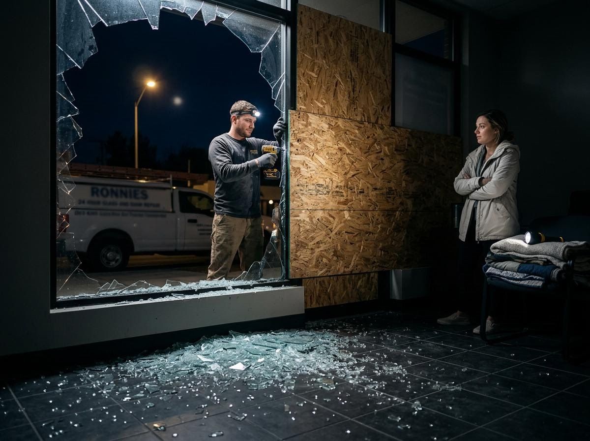 Worker boarding up a shattered commercial window at night