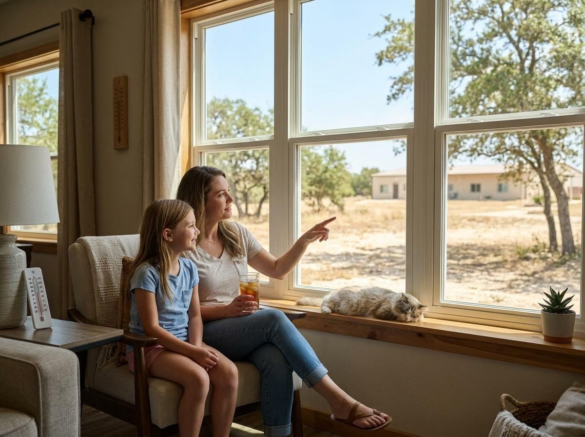 Mother and daughter looking out a large window with a cat