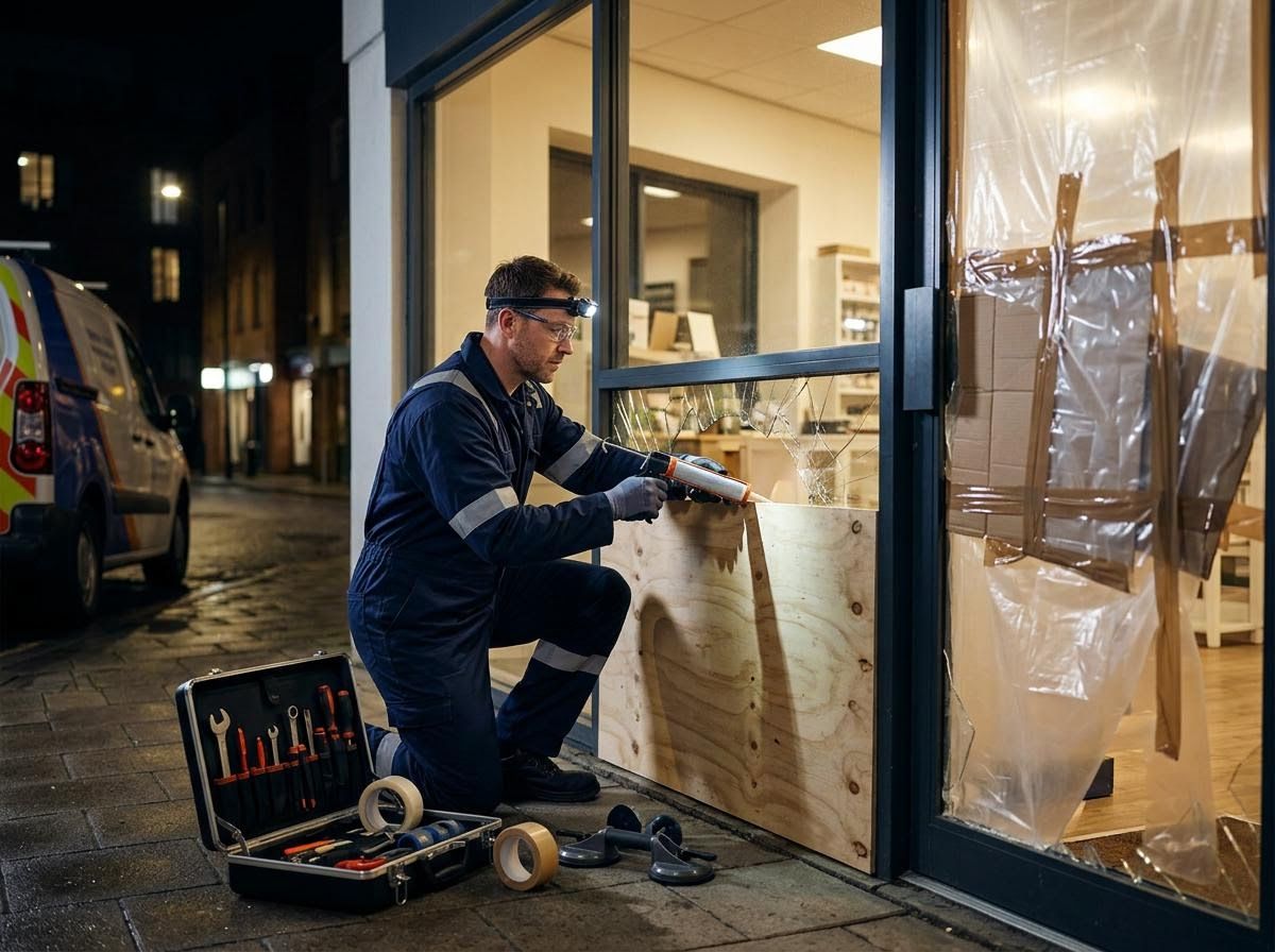 Emergency Storefront Window Repair at Night