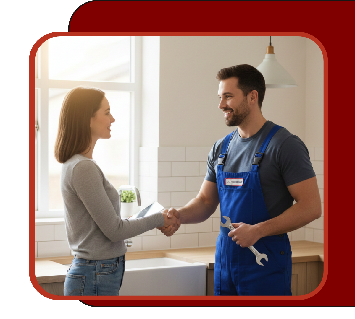Plumber and homeowner shaking hands